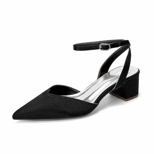 Women's Satin Ankle Strap Block Heel Pumps | Pointed Toe Elegant Shoes