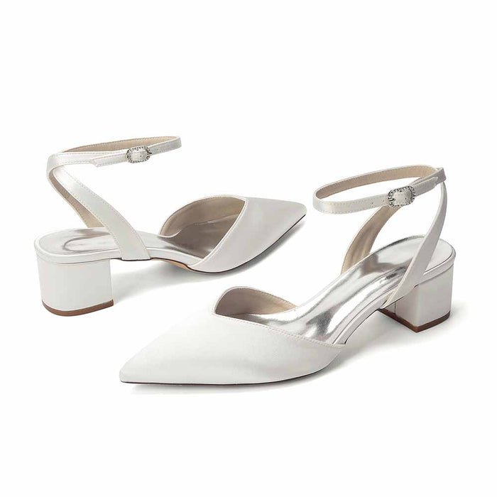 Women's Satin Ankle Strap Block Heel Pumps | Pointed Toe Elegant Shoes
