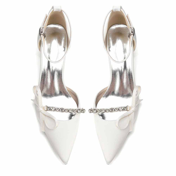 Women's Satin Ankle Strap Heels with Bow & Rhinestone Detail - Block Heel Pointed Toe Pumps for Formal Events & Weddings