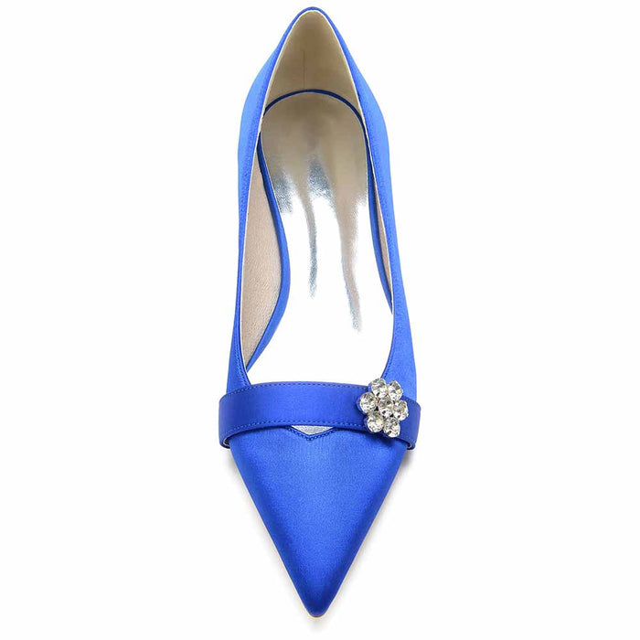 Blue TC women's satin flats for weddings with elegant crystal embellishment on the strap