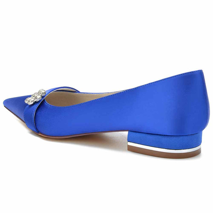 Blue TC women's satin flats for weddings with decorative embellishments and a low heel