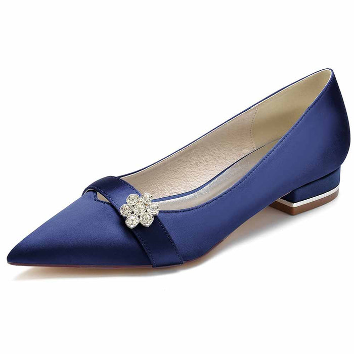 Elegant navy women's satin flats for weddings featuring a decorative flower embellishment