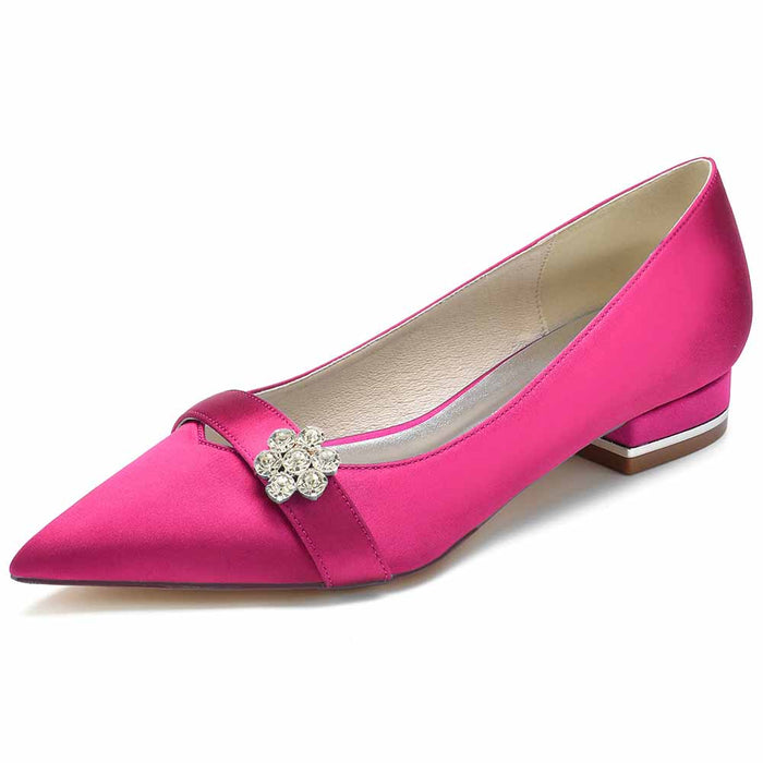 Stylish women's satin flats for weddings in bright pink with a decorative rhinestone buckle