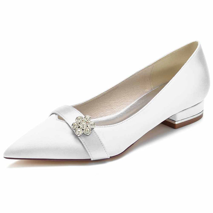 Women's satin flats for weddings with elegant jeweled embellishment and chic pointed toe