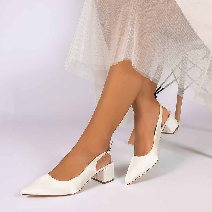 Women's Satin Point Toe Slingback Mid Heel Sandals | Wedding Party Shoes for Brides