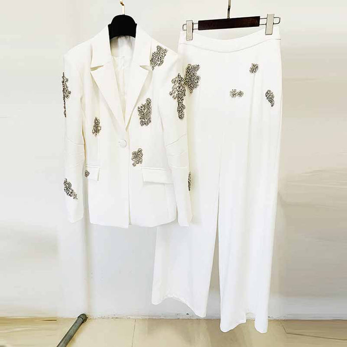 Women's White Beaded Blazer Suit Two Pieces Wide-Leg Wedding Pantsuit