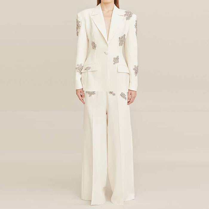 Women's White Beaded Blazer Suit Two Pieces Wide-Leg Wedding Pantsuit