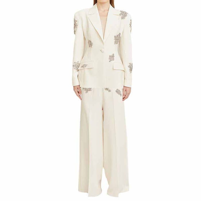 Women's White Beaded Blazer Suit Two Pieces Wide-Leg Wedding Pantsuit