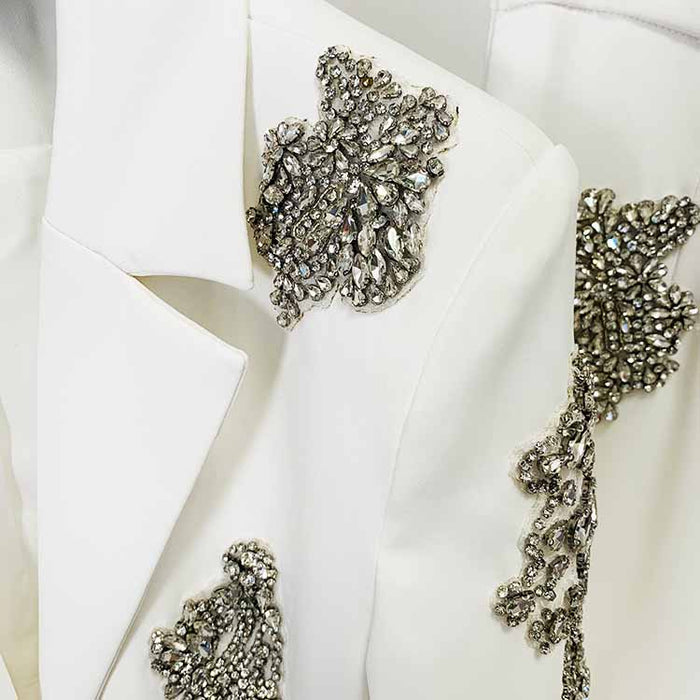 Women's White Beaded Blazer Suit Two Pieces Wide-Leg Wedding Pantsuit