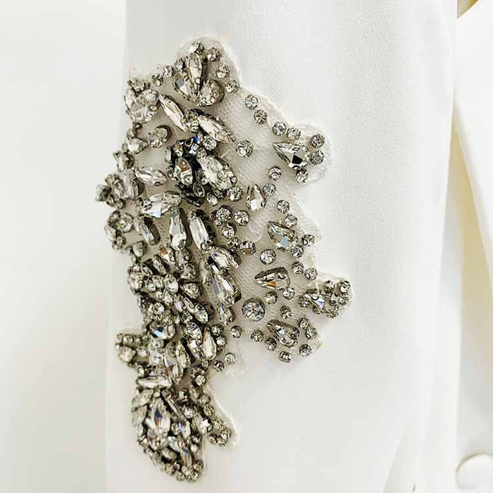 Women's White Beaded Blazer Suit Two Pieces Wide-Leg Wedding Pantsuit