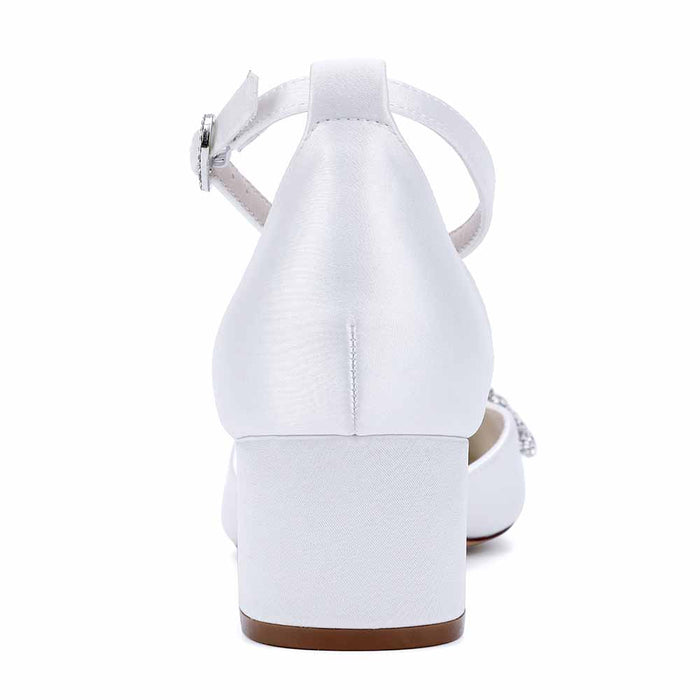 Women's White Pearl Embellished Satin Pointed - Toe Ankle Strap Block Heel Wedding Bridal Shoes