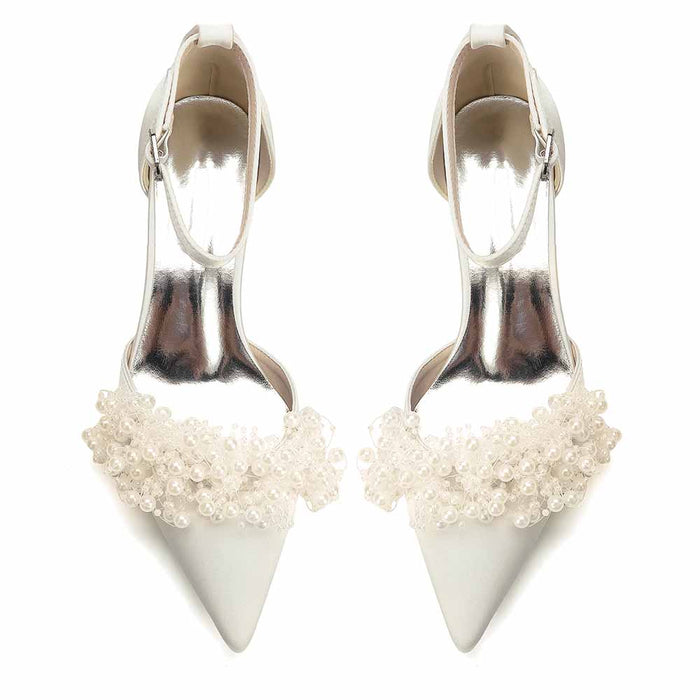 Women's White Pearl Embellished Satin Pointed - Toe Ankle Strap Block Heel Wedding Bridal Shoes
