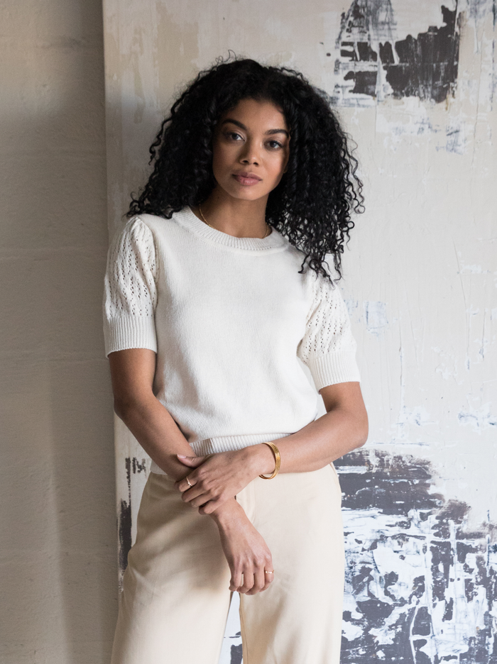 Zira Lace Puff Pullover Sweater in Almond - Laluxe Femme