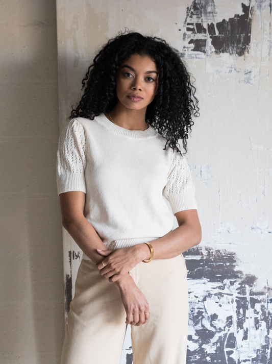 Zira Lace Puff Pullover Sweater in Almond - Laluxe Femme