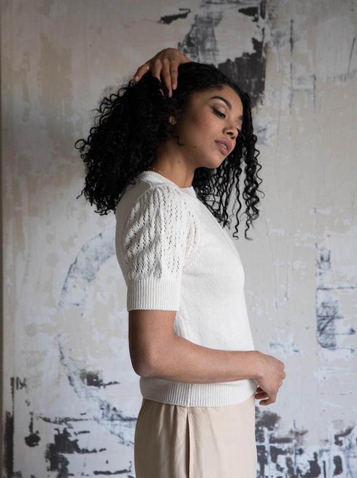 Zira Lace Puff Pullover Sweater in Almond - Laluxe Femme