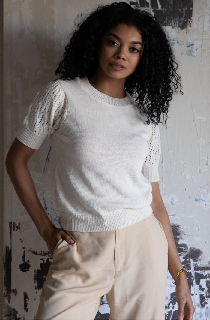Zira Lace Puff Pullover Sweater in Almond - Laluxe Femme