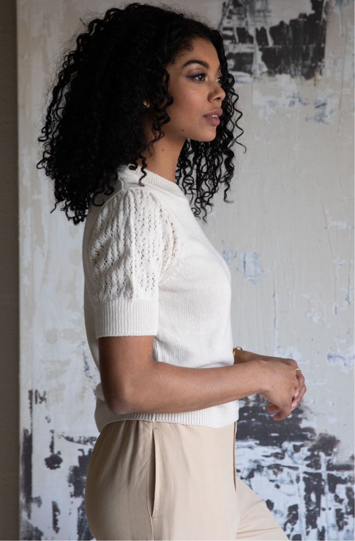 Zira Lace Puff Pullover Sweater in Almond - Laluxe Femme