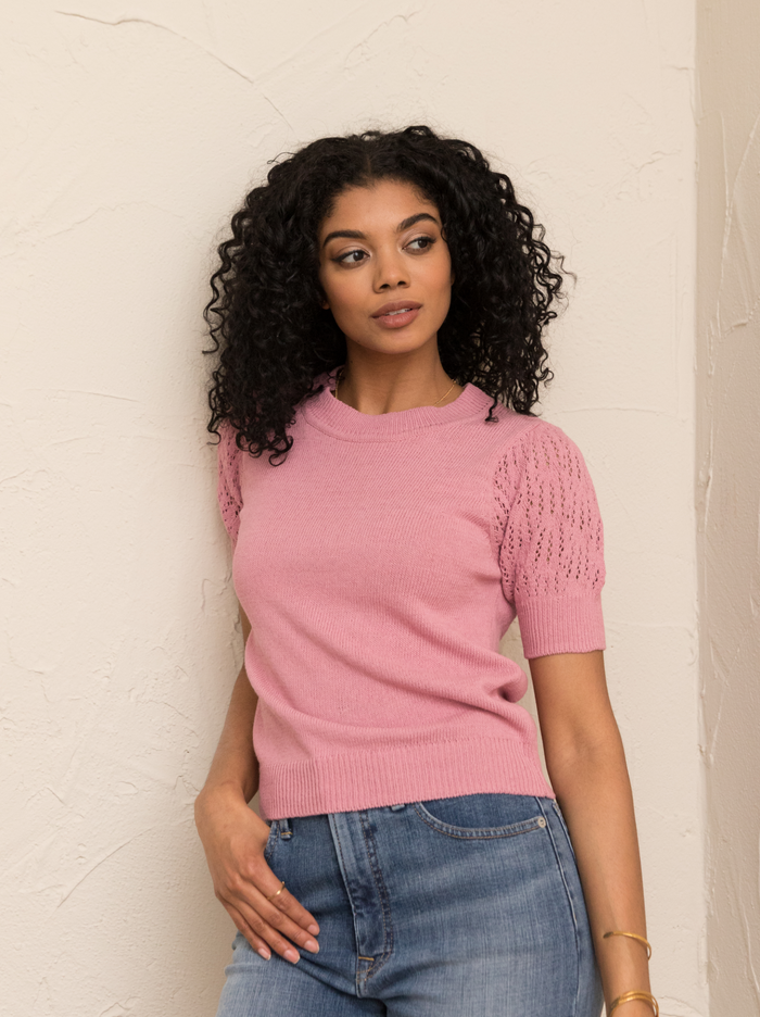 Zira Lace Puff Pullover Sweater in Pink - Laluxe Femme