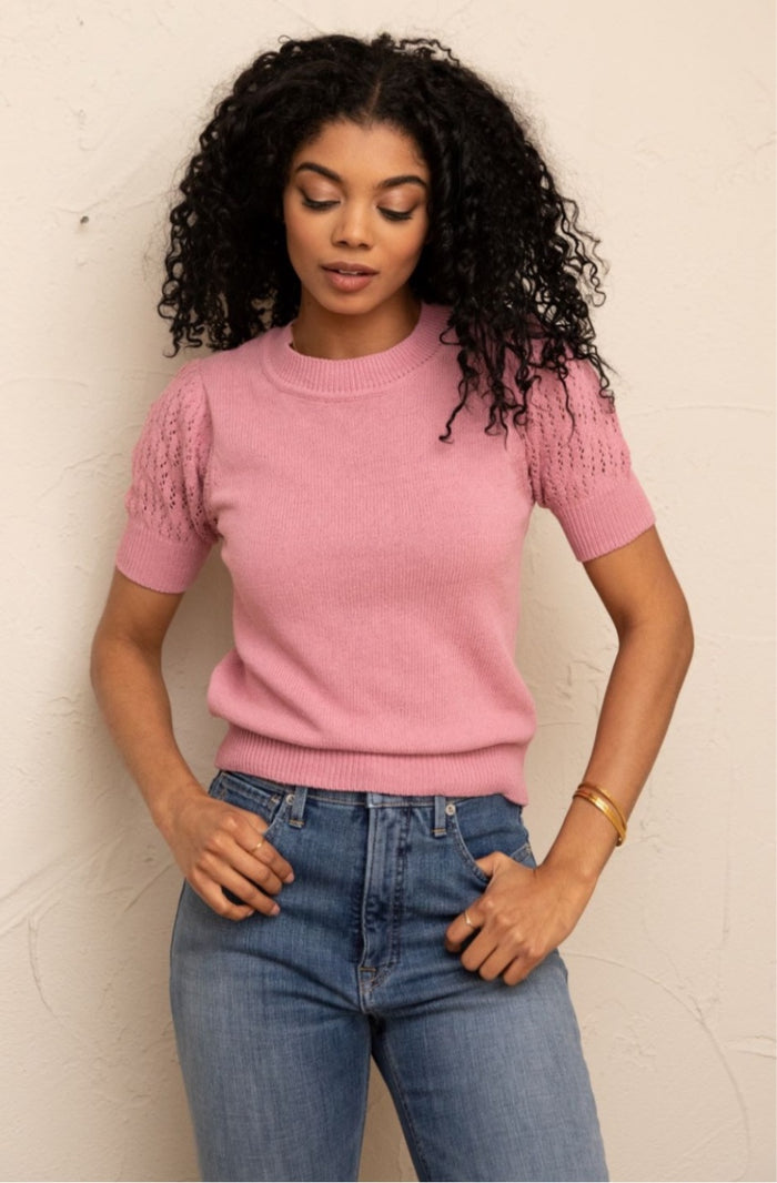 Zira Lace Puff Pullover Sweater in Pink - Laluxe Femme